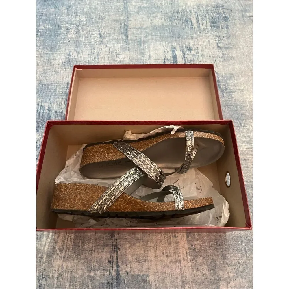 Italian Shoemakers Pewter Metallic Wedge Strappy Sandals Women's 6.5